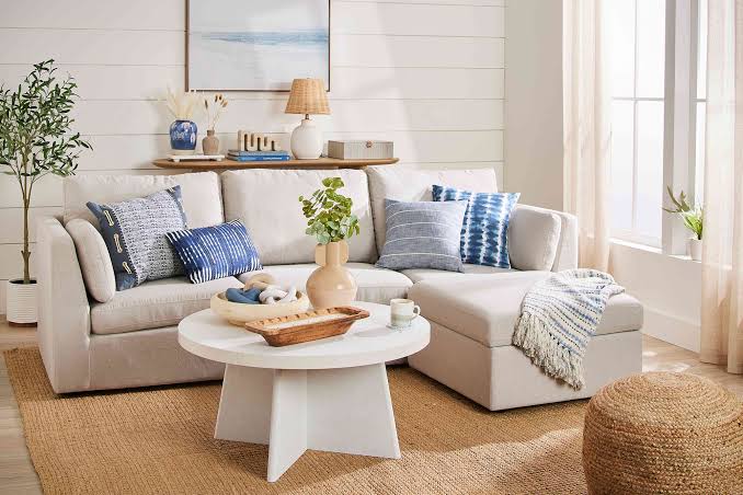 Living room redesigned in Coastal style